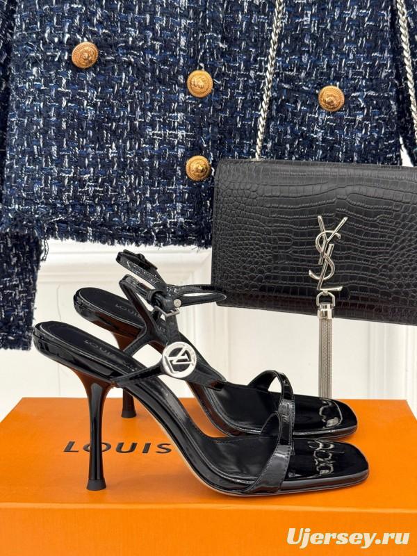 2025 Women Louis Vuitton Black Leather High Heel Sandals