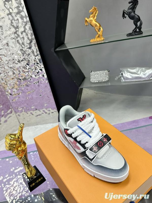 2024 Unisex Louis Vuitton White Gray Pink Leather Mesh Trainer