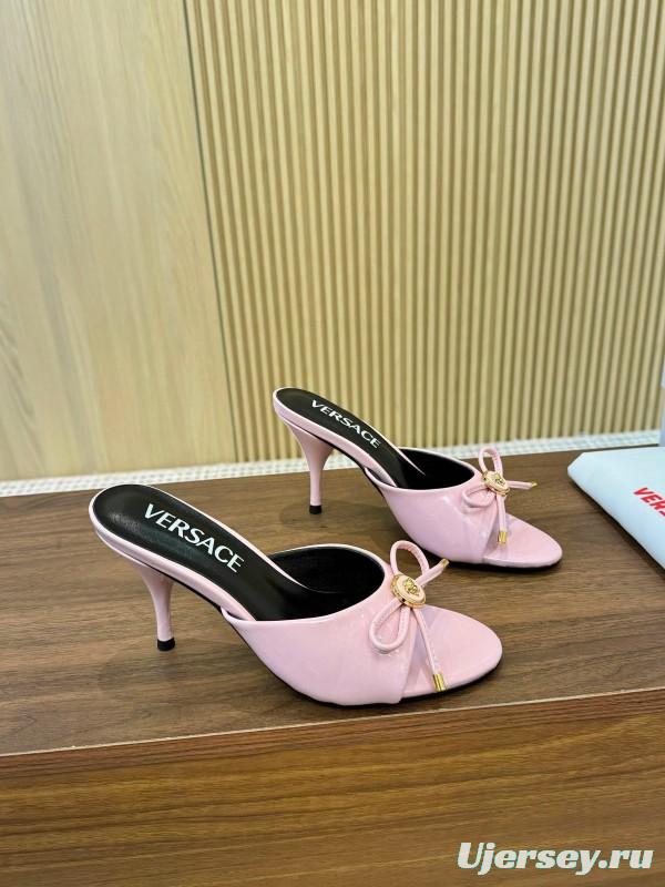 2025 Women VERSACE Pink Leather Heeled Mules LY00210
