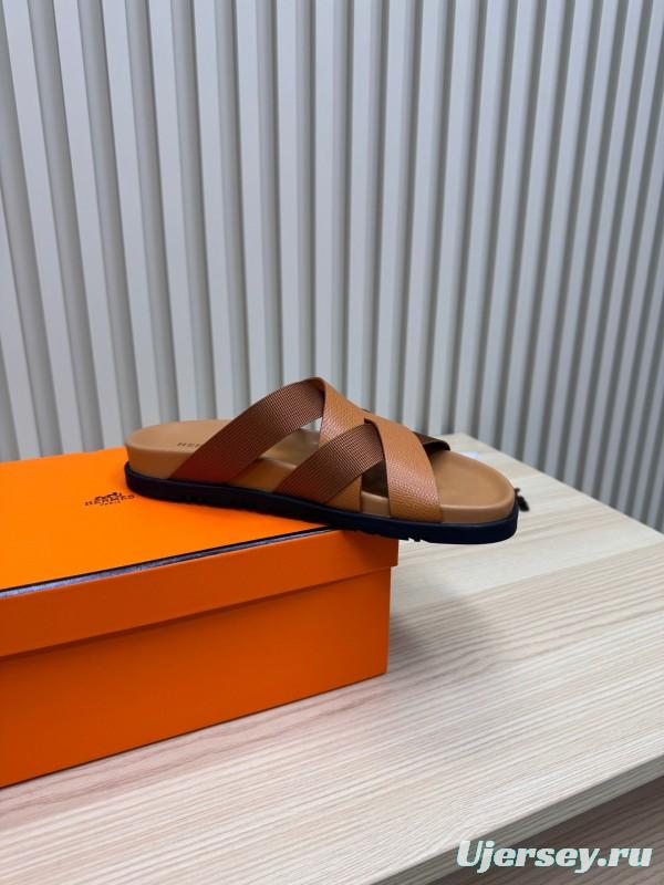 2025 Men Hermès Brown Leather Slippers