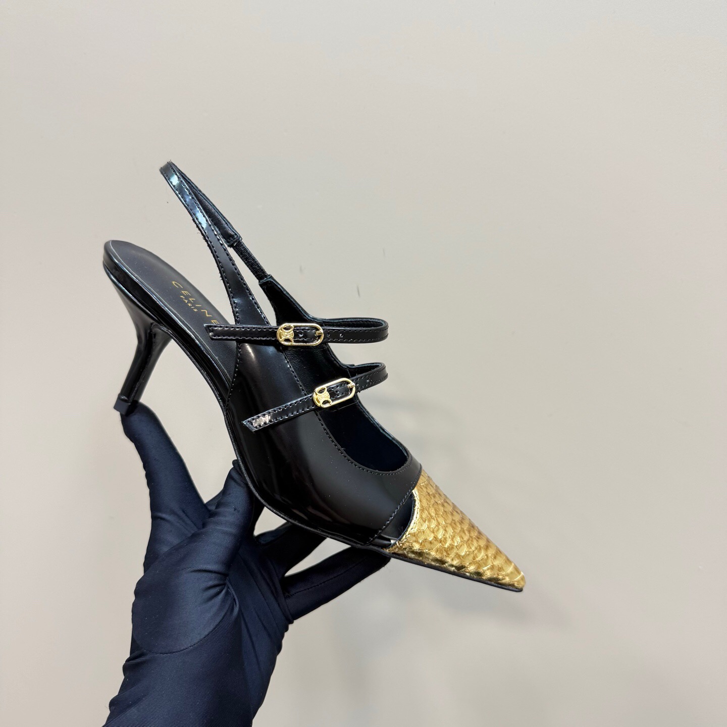 2025 Women CELIN* Black Gold Leather Pointed Toe Slingback Heels