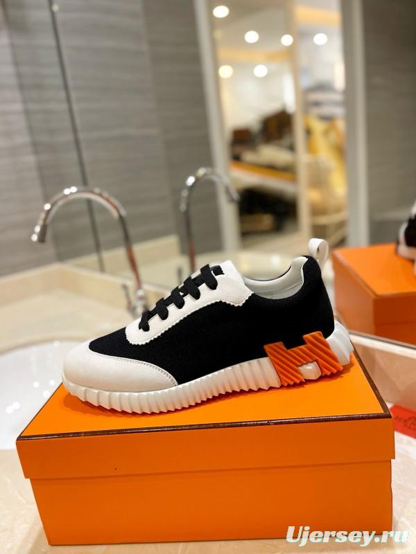 2024 Unisex Hermès Black White Imported Glossy Lambskin Water-repellent Fabric Casual Sneakers MJ00320