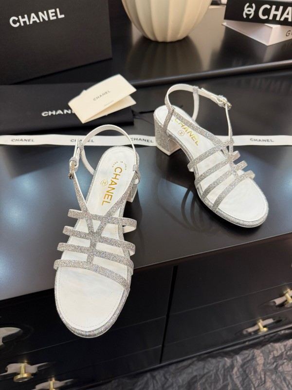 2025 Women Chanel White Synthetic Leather Sandals