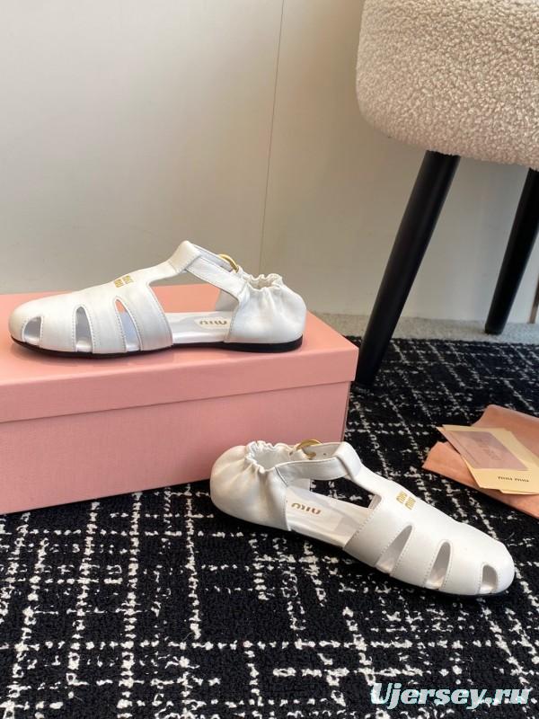 2025 Women Miu Miu White Calf Leather Flat Sandals