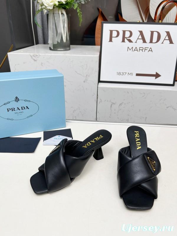 2025 Women Prada Black Soft Leather High Heel Mules KFY00270