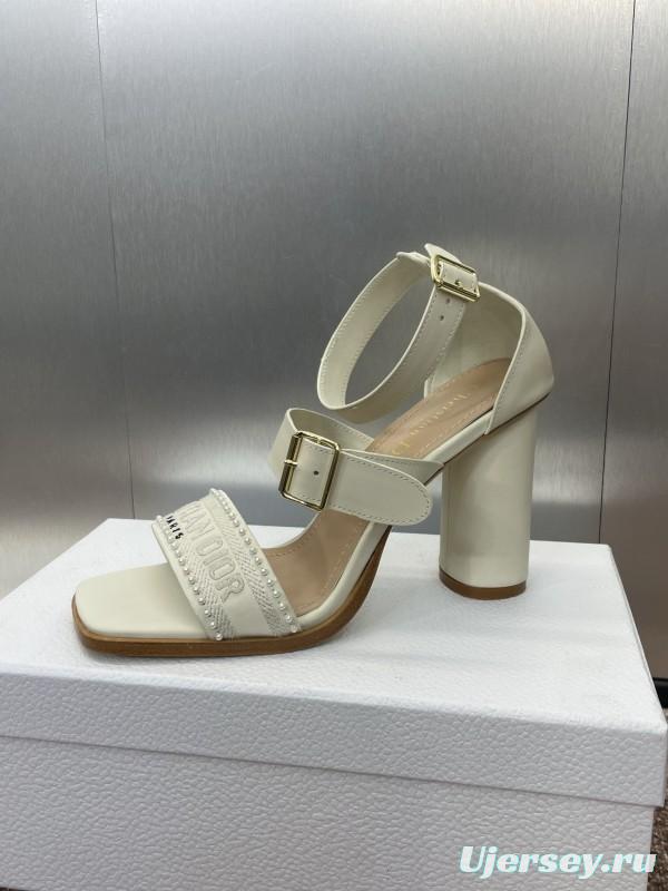 2025 Women Dior White Calfskin Leather Embroidered Sandals KFY00320