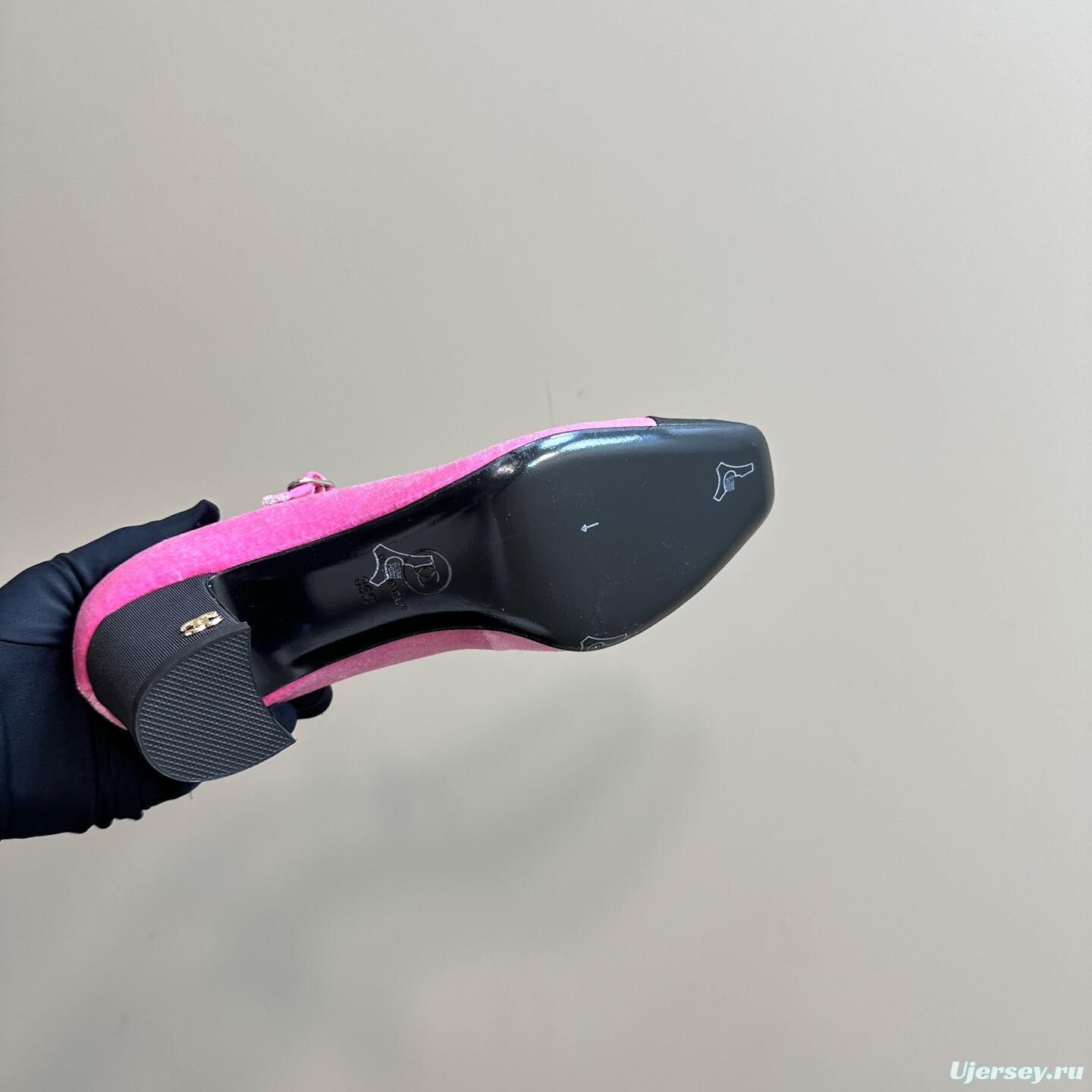 2025 Women Chanel Pink Black Velvet Mary Jane Shoes