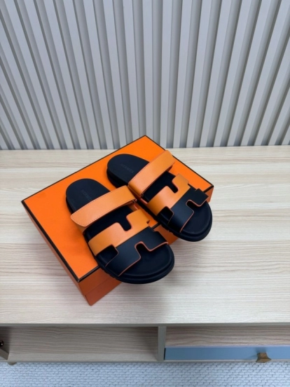 2025 Women Hermès Orange Black Leather Slippers