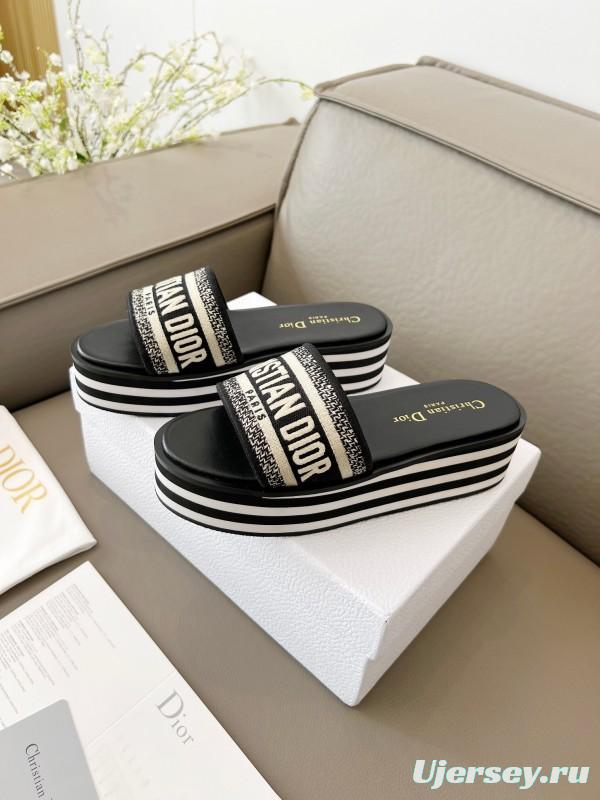 2025 Women Dior Black White Canvas Platform Sandals