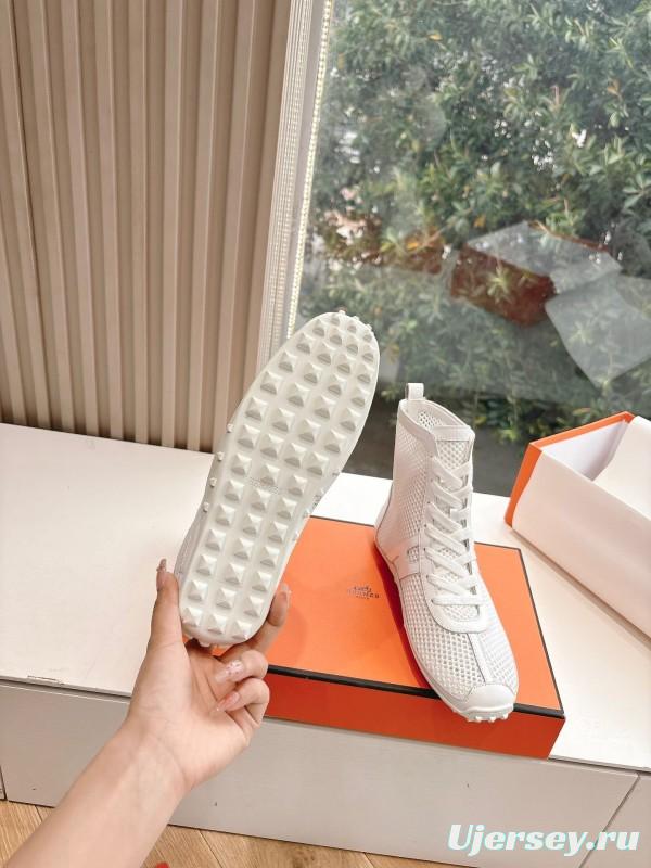 2025 Women Hermès White Leather Mesh Ankle Boots