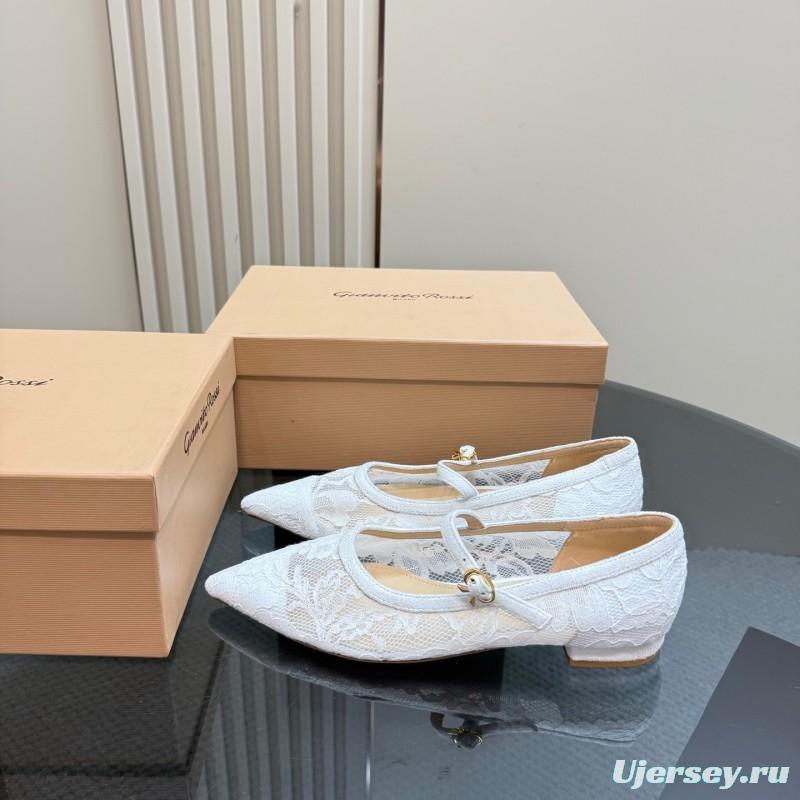 2025 Women Gianvito Rossi White Lace Leather Low Heel Ballerina KFY00260