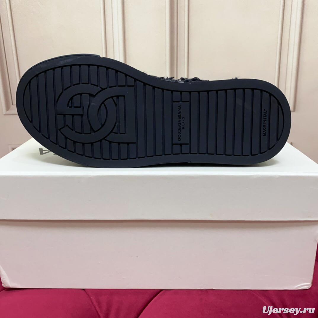 2025 Unisex Dolce & Gabbana Black White Fur Canvas Sneakers