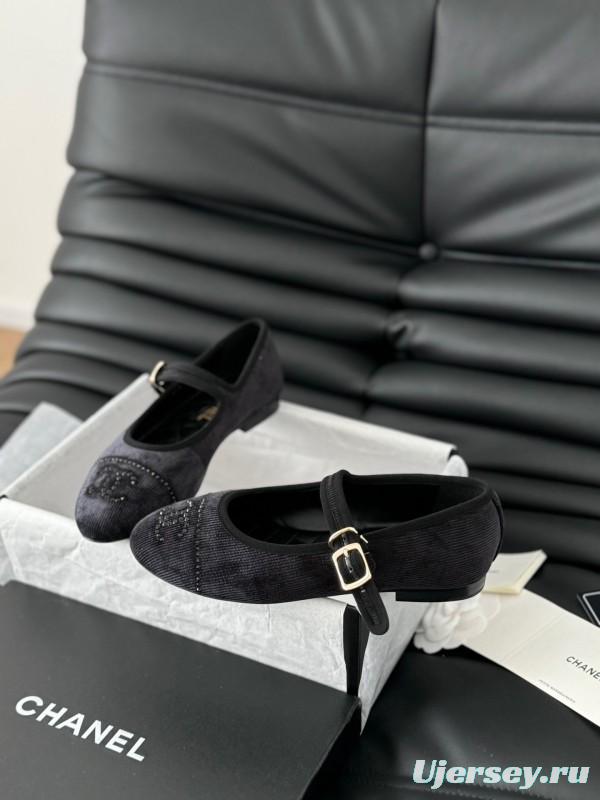 2025 Women Chanel Black Velvet Mary Jane Embroidered LY00280