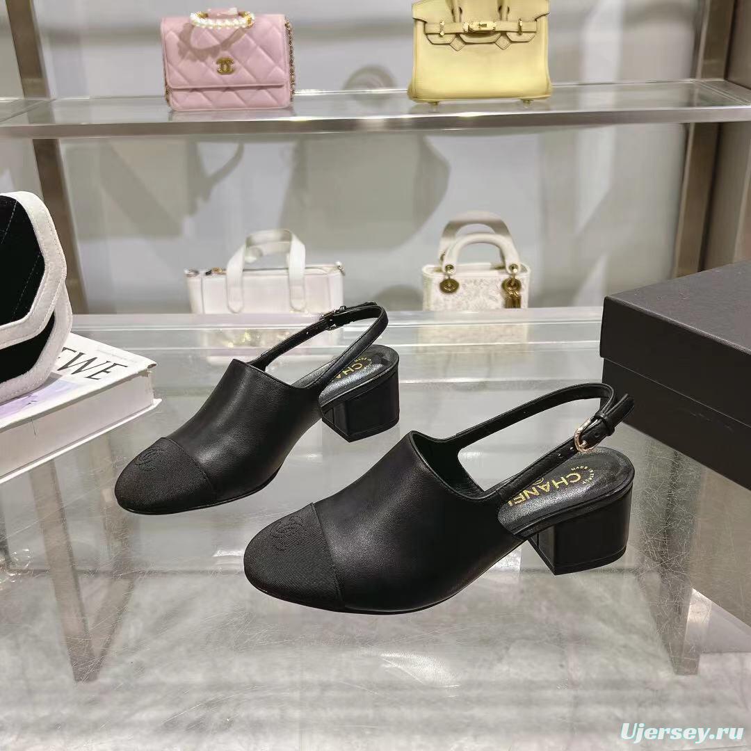 2025 Women Chanel Black Leather Slingback Heels LY00300