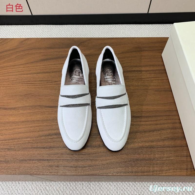 2025 Women Brunello Cucinelli White Suede Loafers Handcrafted Bead Chain Detail LY00360 (F)
