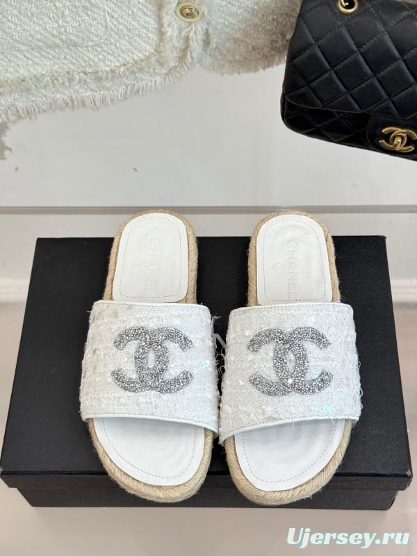 2025/Women Chanel White Lace Espadrille Slide Sandals Handwoven Jute Sole KFY00240(F)