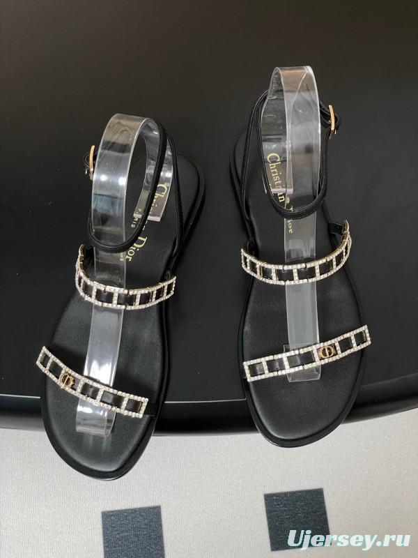 2025 Women Dior Black Crystal Embellished Leather Flat Sandals