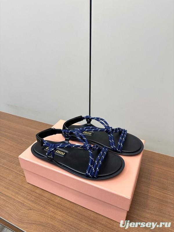 2025 Women Miu Miu Blue Black Leather Rope Sandals