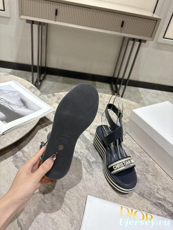 2025 Women Dior Black Leather Sandals Christian Dior Logo KFY00280