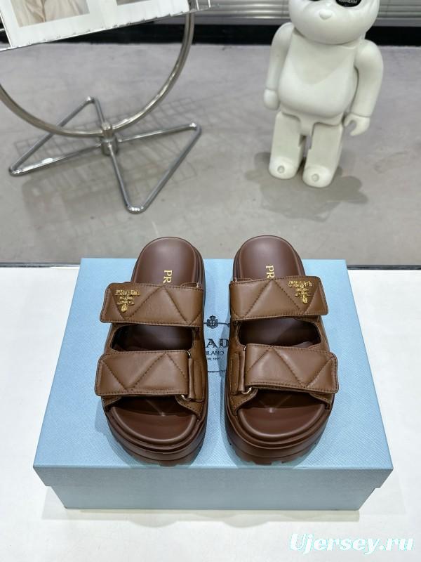 2025 Women Prada Brown Leather Sandals