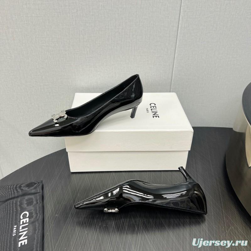 2025 Women Celine Black Patent Leather Pointed Toe Buckle Pumps KFY00290
