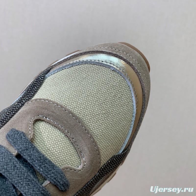 2025 Unisex Brunello Cucinelli Beige Grey Suede Mesh Sneakers LY