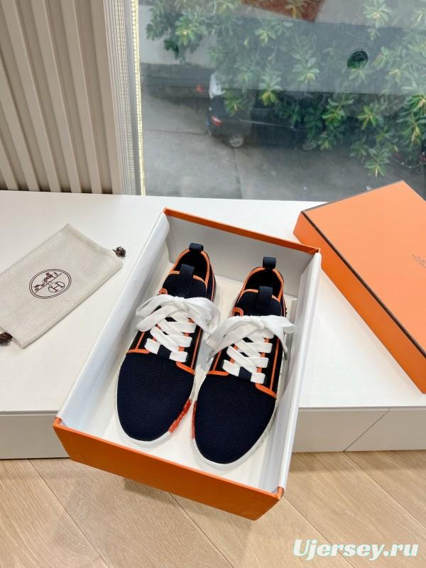 2024 Unisex Hermès navy orange knit leather sneakers