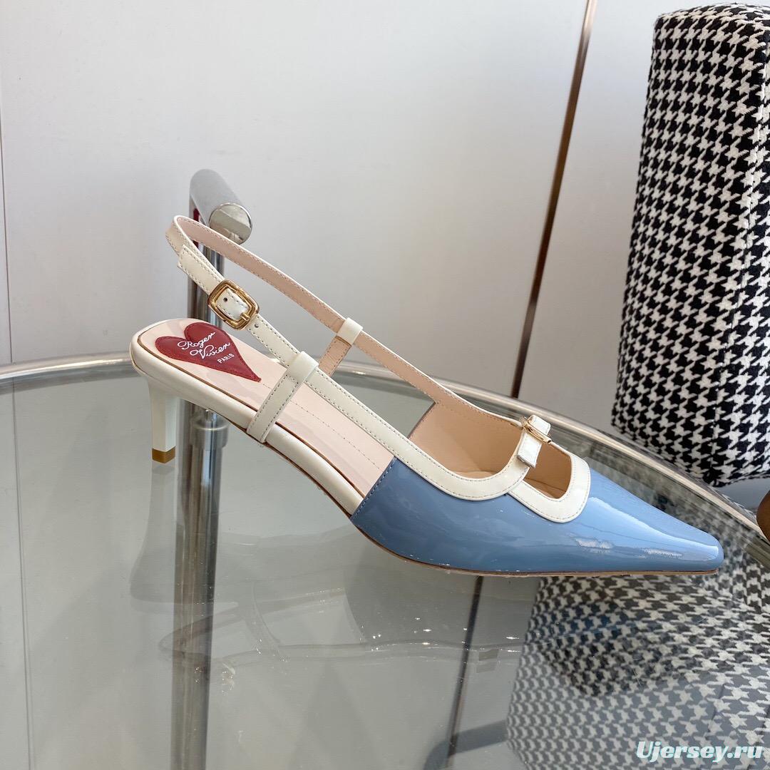2025 Women Roger Vivier Blue White Patent Leather Slingback Pumps KFY00340