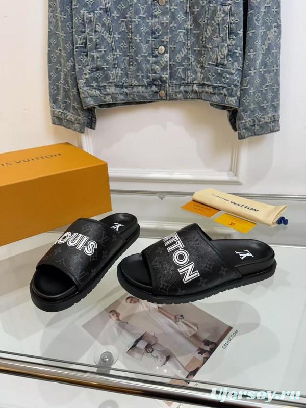 2025 Slippers Louis Vuitton Black Leather Slippers LY