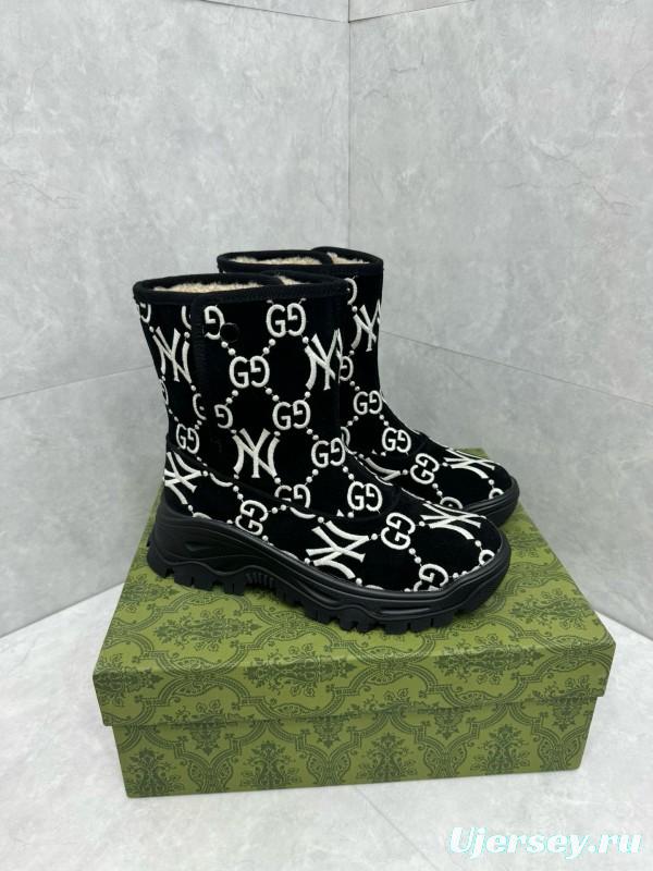 2024 Women Gucci Black White Suede Snow Boots GG NY Embroidery MJ00370