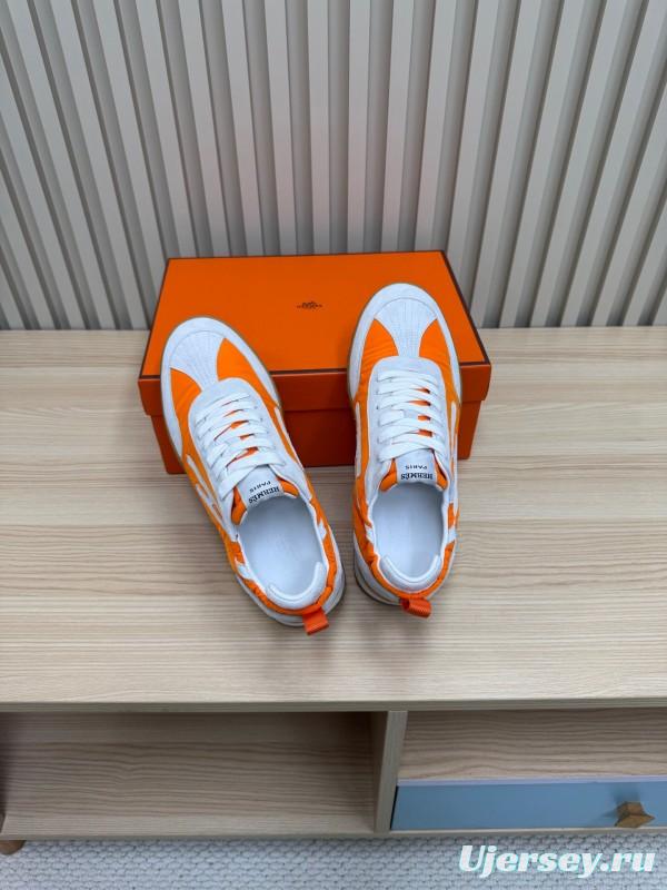 2025 Unisex Hermès Orange White Suede Nylon Sneakers Top Version LY00310