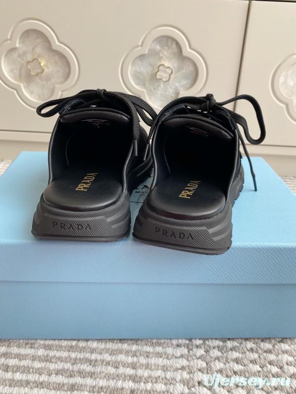 2025 Women Prada Black Nylon Leather Sneakers LY00290
