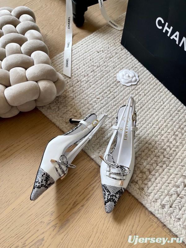 2025 Women Chanel White Black Python Leather Slingback Heels