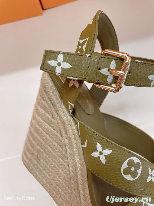 2025 Women Louis Vuitton Pink Beige Green Leather Denim Espadrilles Sandals MJ00280