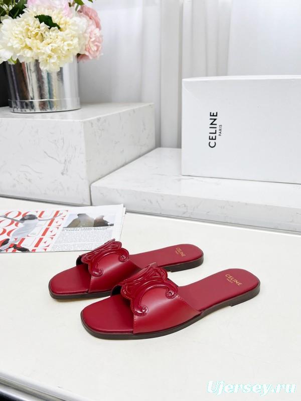 2025 Women CELINE Red Leather Slippers