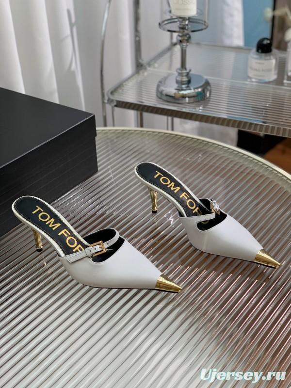 2025 Women TOM FORD White Gold Leather Pointed Toe Mules