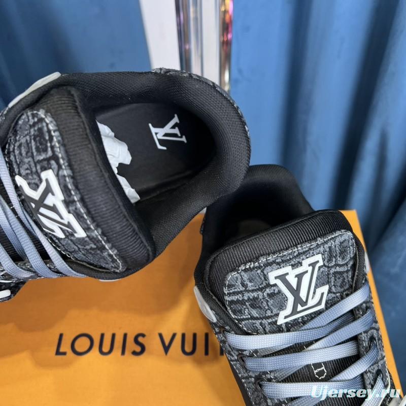 2025 Unisex Louis Vuitton Black Grey Leather Canvas Plimsolls Stitching LV0038