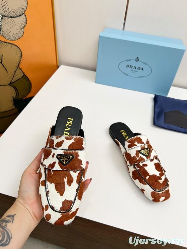2025 Women Prada Brown White Calf Hair Leather Slippers LY00260