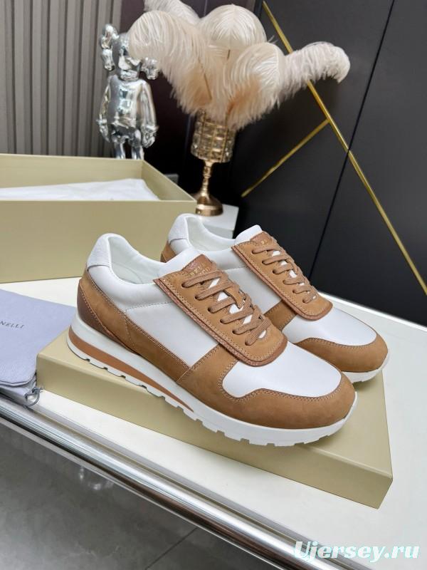 2024 Unisex Brunello Cucinelli White Brown Suede Leather Sneakers MJ00360