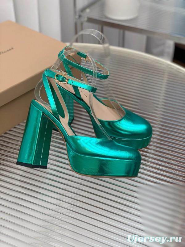 2025 Women Gianvito Rossi Metallic Green Leather Platform Sandals