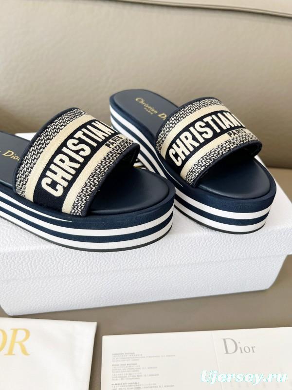 2025 Women Dior Navy White Canvas Platform Slippers LY