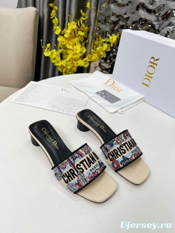 2025 Women Dior Black Beige Embroidery Mid Heel Slippers
