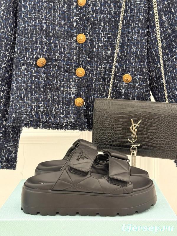 2025 Women Prada Black Leather Slippers