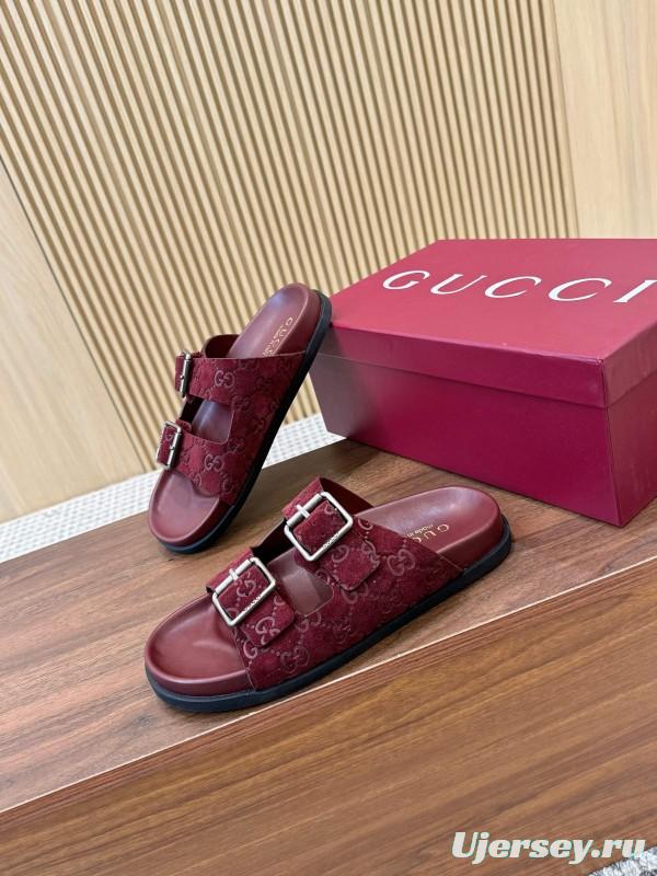 2025 Women Gucci Red Suede Leather Sandals Double Buckle LY00260
