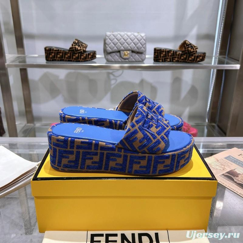 2025 Fendi Blue Brown Canvas Slippers