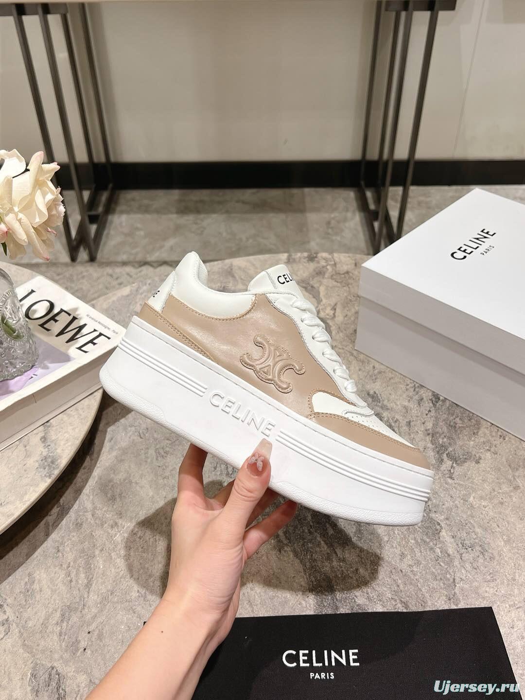 2025 Women Celine Beige White Leather Platform Sneakers