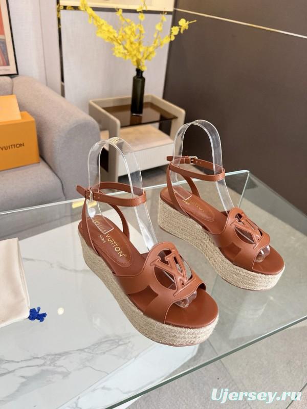 2025 Women Louis Vuitton Brown Leather Espadrille Wedge Sandals MJ00280