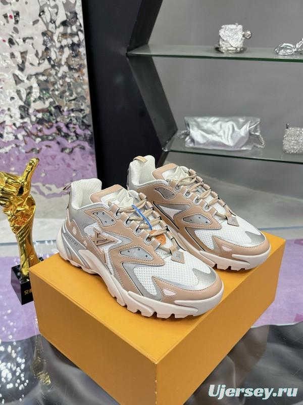2025 Men Louis Vuitton Gradient Color Beige White Mesh Leather Sneakers MJ00420