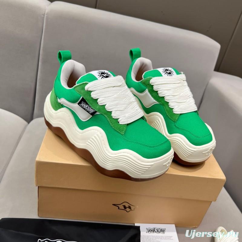 2025 Unisex HEYDAY Green White Canvas Leather Wave Sneakers KFY00260