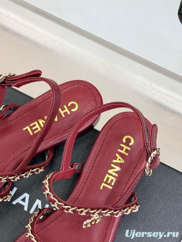 2025 Women Chanel Red Lambskin Chain Strap Sandals